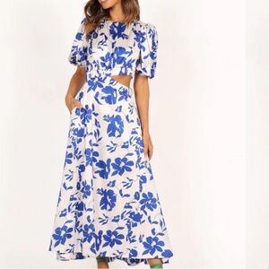 Petal & pup blue and white floral midi dress with side cutout size Small
